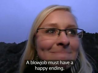 Blonde with glasses fucking outdoor in dusk