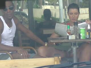 Cheating Wife &num;4 third part - Hubby videos me outside a cafe Upskirt Flashing and having an Interracial affair with a Black Man&excl;&excl;&excl;